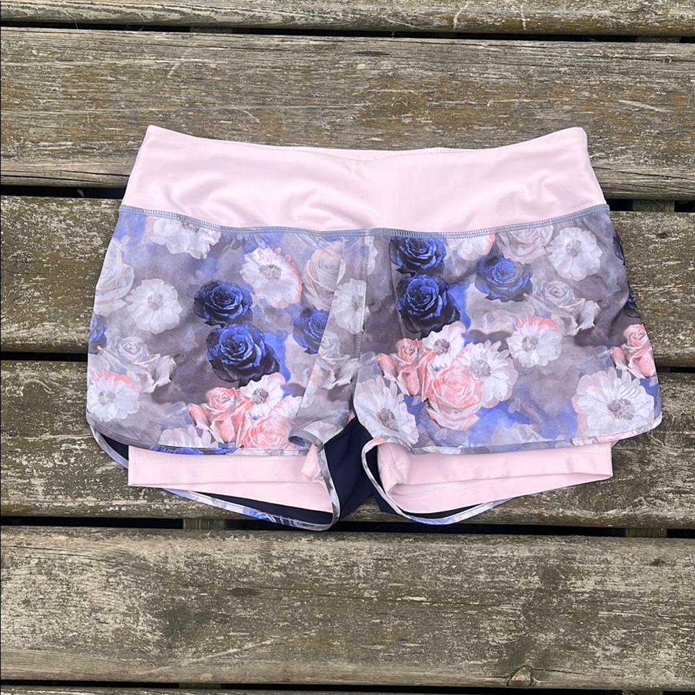 MPG Women's Athletic Shorts - Pink and Blue Floral Run Yoga Gym Casual
